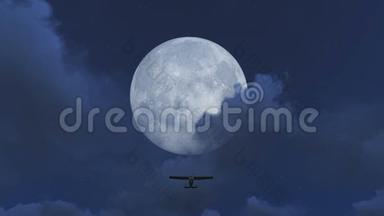 小飞机夜间起飞与满月背景视频